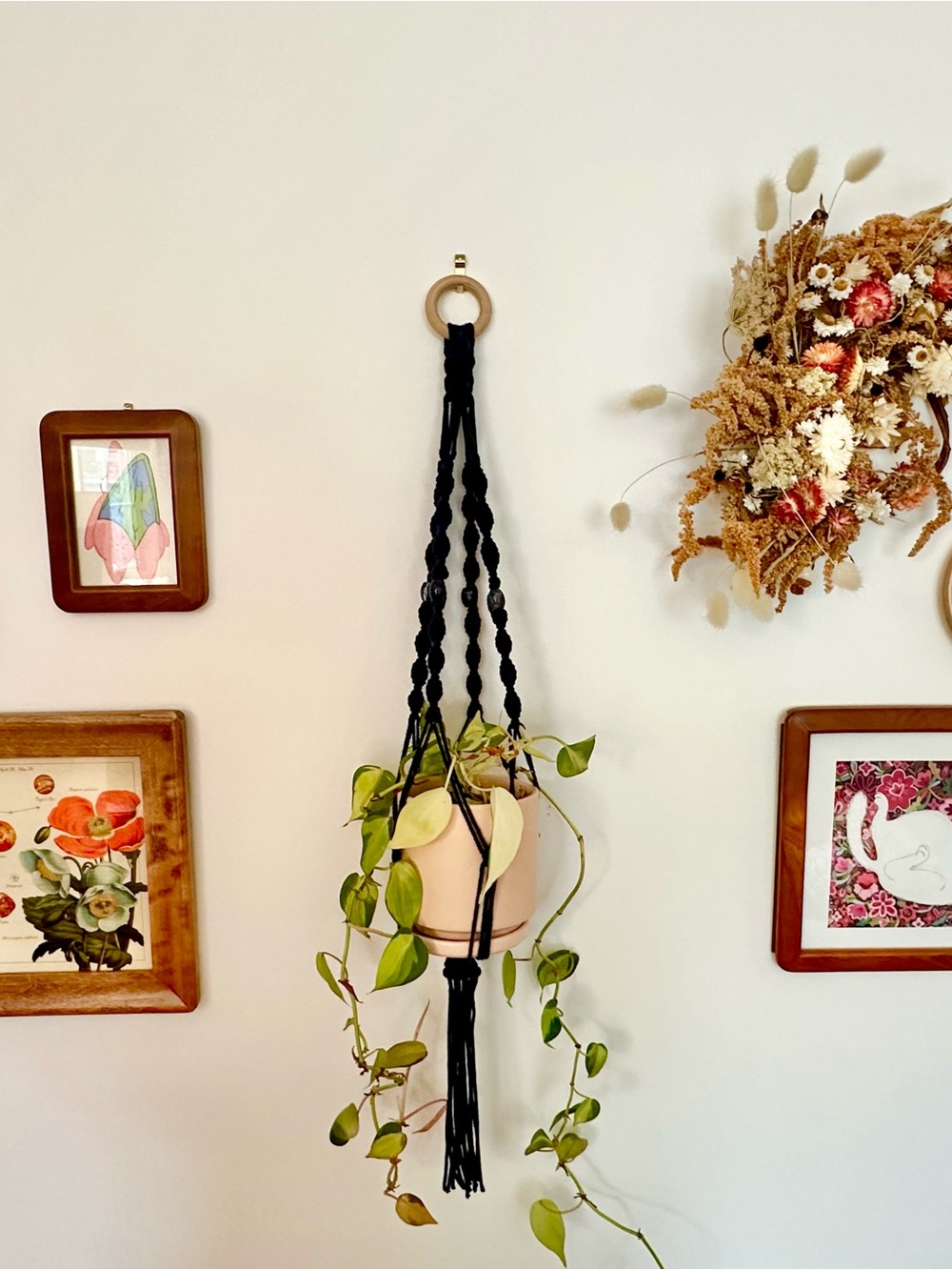 Navy Blue Macramé Hanging Plant Holder with Stone Beads